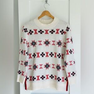 Elegant White Sweater with Red and Black Star Pattern